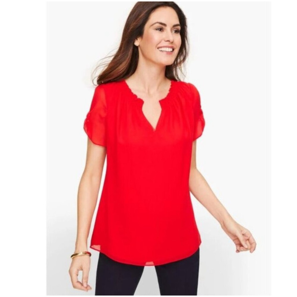 Talbots Red Smocked Neckline Short Sleeve Blouse Size Medium